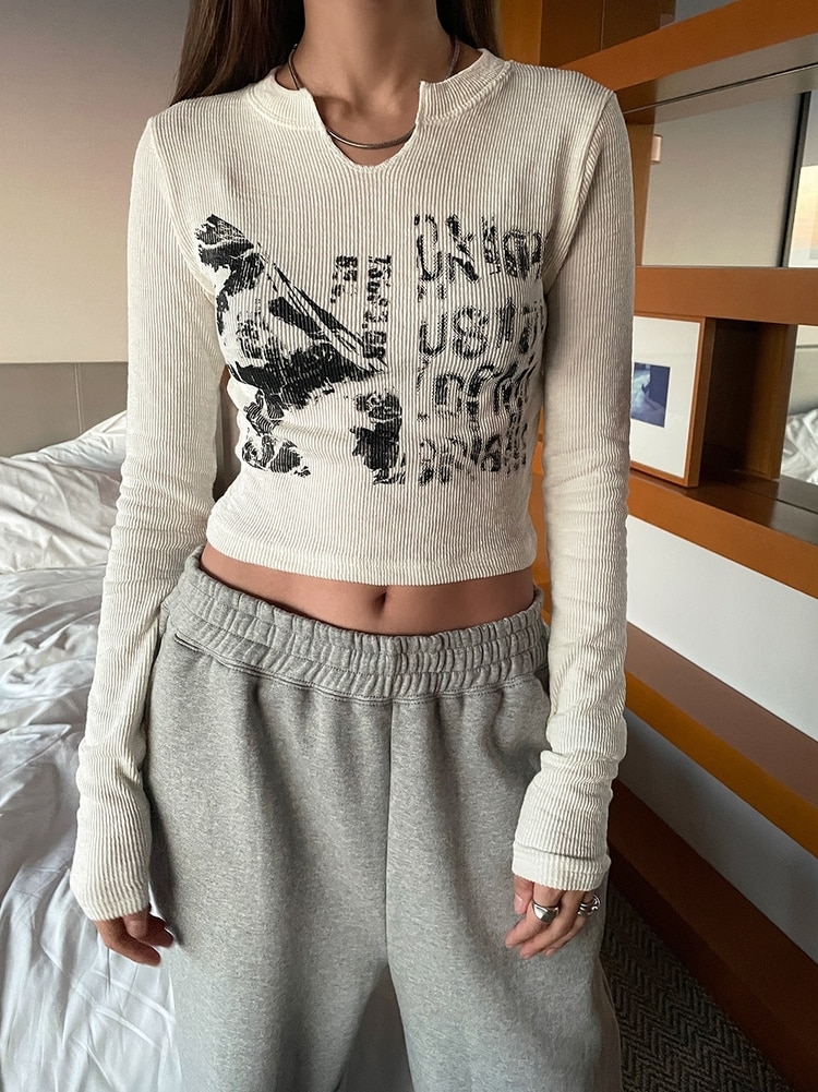 빈티지 편지 인쇄 긴 소매 자르기 가기 여성 섹시 슬림 가을 T 셔츠 한국 스타일 그런지 그래픽 미적 Y2K Streetwear